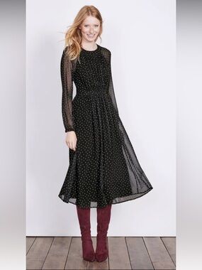 Boden Midi Dress Size 2R Black Tan Polka Dot Sheer Sleeve Zip Cinched Romantic